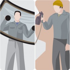 an automobile windshield and a paint spray gun