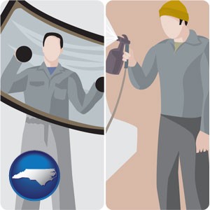 an automobile windshield and a paint spray gun - with North Carolina icon