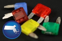 massachusetts map icon and colorful automobile fuses