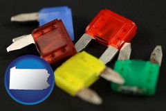 pennsylvania map icon and colorful automobile fuses