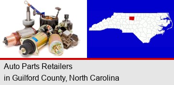 auto parts; Guilford County highlighted in red on a map