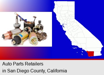 auto parts; San Diego County highlighted in red on a map