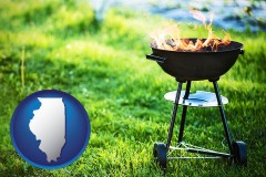 illinois map icon and a round barbecue grill