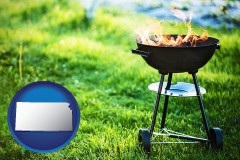 kansas map icon and a round barbecue grill