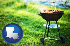louisiana map icon and a round barbecue grill