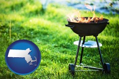 massachusetts map icon and a round barbecue grill