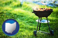 ohio map icon and a round barbecue grill