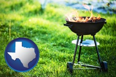 texas map icon and a round barbecue grill