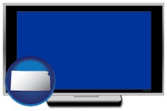 kansas map icon and a big screen television with a blue screen