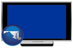 maryland map icon and a big screen television with a blue screen