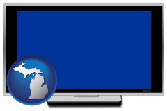michigan map icon and a big screen television with a blue screen