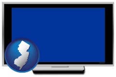 new-jersey map icon and a big screen television with a blue screen