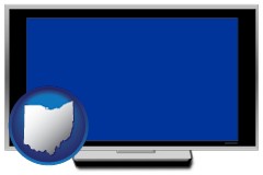 ohio map icon and a big screen television with a blue screen