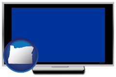 oregon map icon and a big screen television with a blue screen