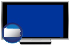 pennsylvania map icon and a big screen television with a blue screen