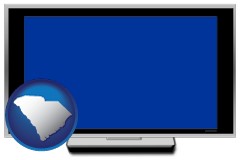 south-carolina map icon and a big screen television with a blue screen