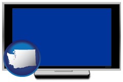 washington map icon and a big screen television with a blue screen