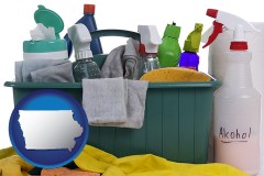iowa map icon and cleaning supplies