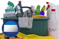 kansas map icon and cleaning supplies