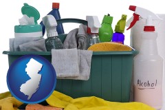 new-jersey map icon and cleaning supplies