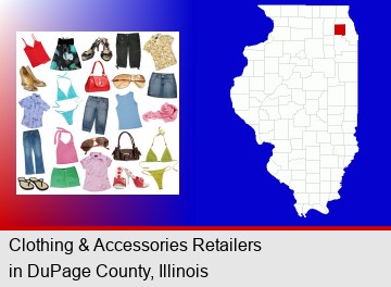 female clothing and accessories; DuPage County highlighted in red on a map