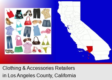 female clothing and accessories; Los Angeles County highlighted in red on a map