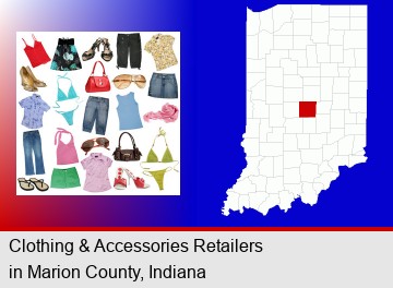 female clothing and accessories; Marion County highlighted in red on a map