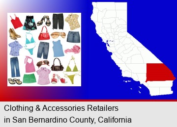 female clothing and accessories; San Bernardino County highlighted in red on a map