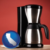 california map icon and a coffeemaker with a coffee cup and saucer