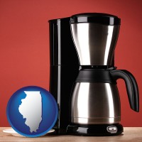illinois map icon and a coffeemaker with a coffee cup and saucer