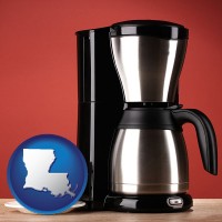 louisiana map icon and a coffeemaker with a coffee cup and saucer