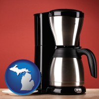 michigan map icon and a coffeemaker with a coffee cup and saucer