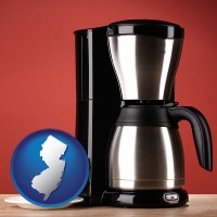 new-jersey map icon and a coffeemaker with a coffee cup and saucer