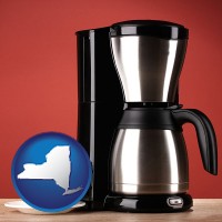 new-york map icon and a coffeemaker with a coffee cup and saucer