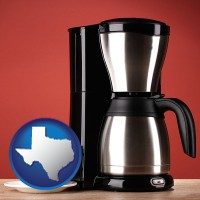 texas map icon and a coffeemaker with a coffee cup and saucer