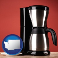 washington map icon and a coffeemaker with a coffee cup and saucer