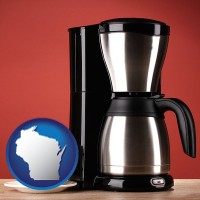 wisconsin map icon and a coffeemaker with a coffee cup and saucer