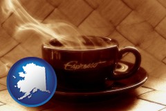 alaska map icon and a cup of espresso coffee
