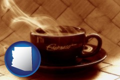 arizona map icon and a cup of espresso coffee
