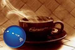 hawaii map icon and a cup of espresso coffee