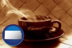 kansas map icon and a cup of espresso coffee
