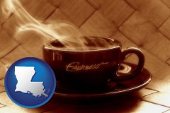 louisiana map icon and a cup of espresso coffee