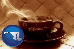 maryland map icon and a cup of espresso coffee