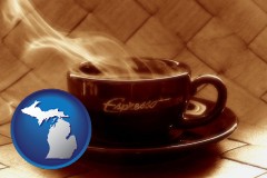 michigan map icon and a cup of espresso coffee