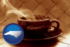 north-carolina map icon and a cup of espresso coffee