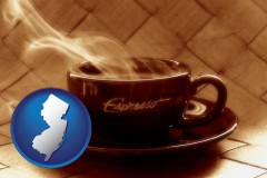 new-jersey map icon and a cup of espresso coffee