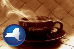 new-york map icon and a cup of espresso coffee