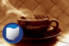 ohio map icon and a cup of espresso coffee