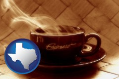 texas map icon and a cup of espresso coffee
