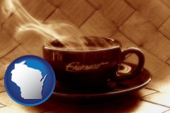 wisconsin map icon and a cup of espresso coffee